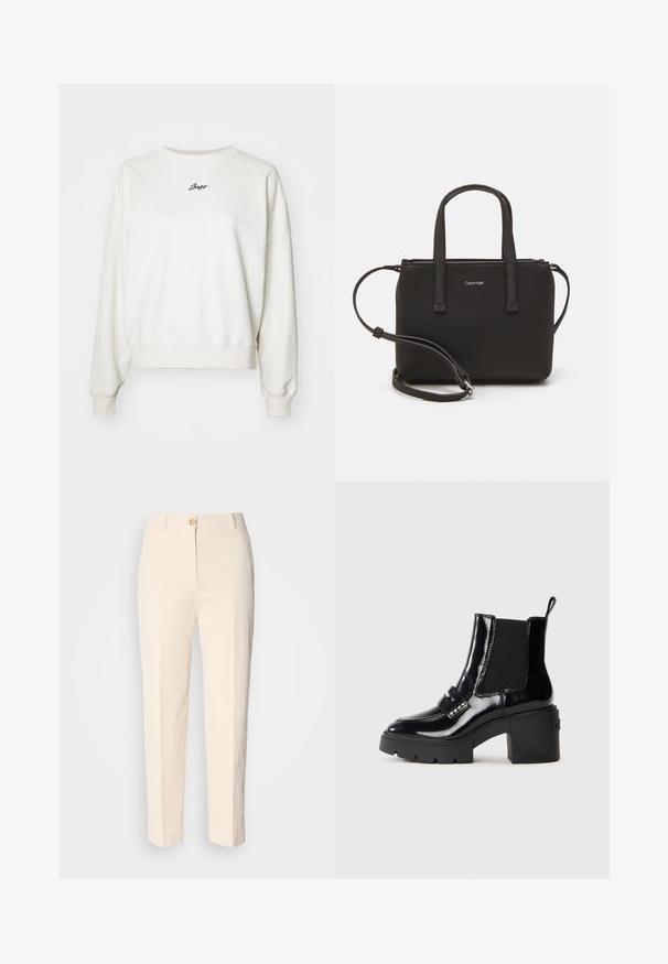 Balta medvilninė džemperis su apvaliu kaklu, nusileidusiomis pečių linijomis, raštuotais rankogaliais ir juodu išsiuvinėtu "Boss" logotipu krūtinėje.; Kreminės spalvos, aukštu liemeniu kelnės, pagamintos iš tekstūruoto audinio. Turi priekinį mygtuko užsegimą ir siaurėjantį kirpimą.; Juodas patentuotas kulkšninis bicas su masyviu kulnu, elastingais šonų intarpais, dekoratyvia juosta ir kontrastinga siūle. Lygi tekstūra su blizgiu paviršiumi.; Juoda rankinė su dviem trumpais rankenėlėmis ir nuimamu petį. Lygaus odos tipo medžiaga su užtrauktuku ir logotipo detale.