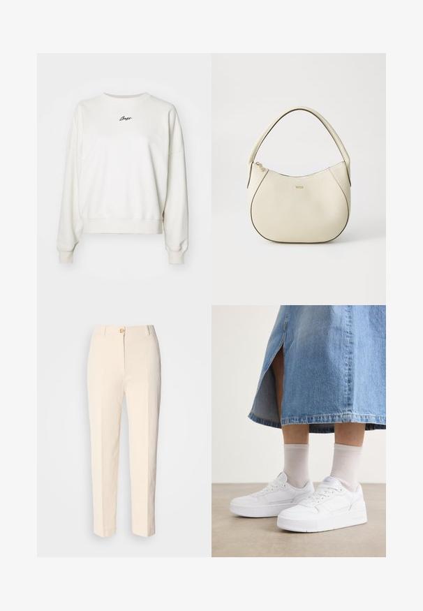 Sweatshirt en coton blanc avec un col rond, épaules tombantes, poignets côtelés et logo "Boss" brodé en noir sur la poitrine.; Pantalons taille haute couleur crème en tissu texturé. Dotés d'une fermeture à bouton à l'avant et de jambes fuselées.; Baskets blanches en cuir texturé, avec une semelle épaisse, un bout rond et un système de laçage ; associées à des chaussettes unisexe gris clair et à une jupe en denim.; Sac à main couleur crème avec une finition texturée, forme courbée, anses courtes et détail de logo doré. Fermeture éclair sur le dessus.