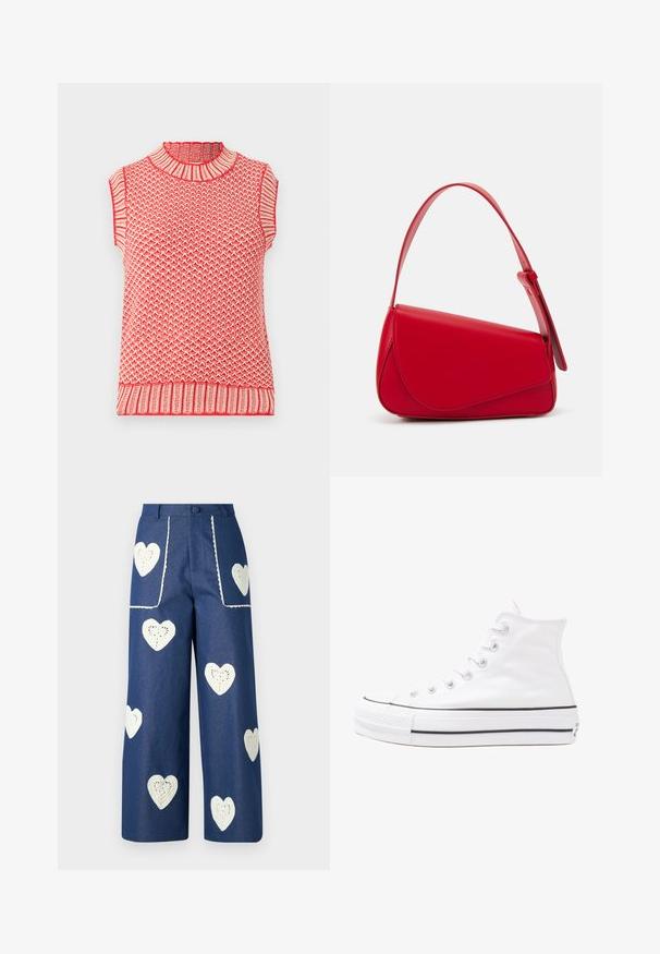 Top sem mangas vermelho e creme em malha com gola alta, apresentando um padrão texturizado e detalhes canelados na gola e na barra.; Sister Jane HEART TO HEART - Calças de ganga de perna direita - blue denim; Sapatilha alta de tela branca com sola de borracha preta, bico de borracha na frente e seis ilhós para os atacadores, apresentando um design limpo e minimalista.; Bolsa de mão em couro vermelho com um design angular e geométrico. Apresenta uma única alça ajustável e um fecho com aba, com detalhes cosidos.