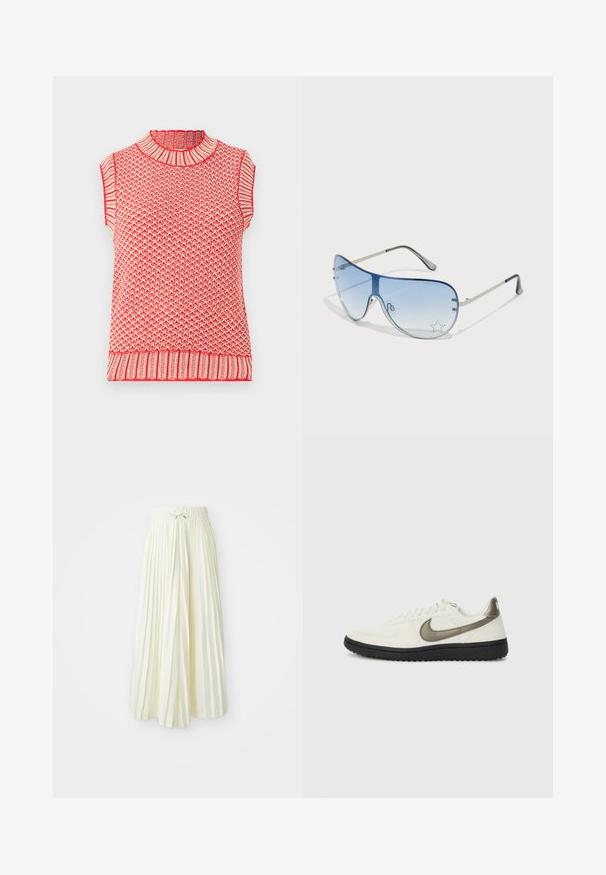 Top sans manches tricoté rouge et crème avec un col montant, présentant un motif texturé et des accents côtelés au niveau du col et de l'ourlet.; Jupe midi plissée en tissu jaune clair, dotée d'une taille élastique avec un lien, texture lisse et rayures verticales pour plus de détails.; Nike Sportswear FIELD GENERAL - Baskets basses - off-white/black; Lunettes de soleil aviateur avec des verres dégradés bleus, une monture en métal argenté et des accents décoratifs en forme d'étoile sur les verres. Design lisse et élégant.