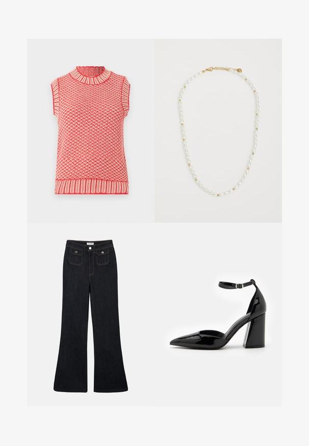 Red and cream knitted sleeveless top with a high neck, featuring a textured pattern and ribbed accents at the neckline and hem.; Flared dark denim jeans with a high waist, two front pockets, and orange stitching. The material appears sturdy and smooth.; Black patent leather high heel shoe with a pointed toe, ankle strap, and wide block heel for stability, featuring a smooth glossy texture.; Pearl necklace with alternating white oval pearls and small gold beads, featuring a gold clasp for fastening. Smooth texture overall.