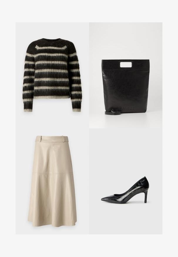Striped sweater featuring dark gray and cream colors, made of soft, fuzzy material with a round neckline and ribbed hem and cuffs.; Beige leather midi skirt with a smooth texture, wide waistband, and flared hem; features stitched seams for added detail.; Black pointed-toe high heels with a glossy finish and subtle textured pattern. Features a moderate heel and open throat design.; Black leather tote bag with a square handle, featuring a textured finish and embossed logo. Includes a detachable strap.