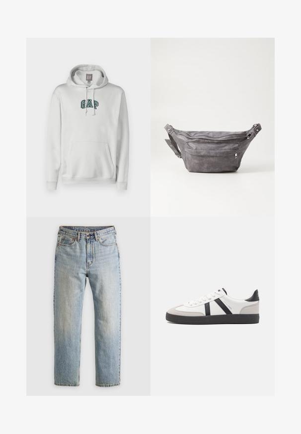 GAP TONAL ARCH - Jersey con capucha - carls stone; Jeans de mezclilla azul claro de cintura alta, con botón frontal, cremallera y diseño de cinco bolsillos, dispuestos sobre un fondo neutro.; Zapatilla blanca con acentos en negro y gris, que presenta una puntera texturizada en gris, suela de goma negra y cordones planos blancos. Diseño limpio, estilo minimalista.; Riñonera de ante gris con forma redondeada, dos compartimentos con cremallera y correa ajustable. Presenta acentos de metal.