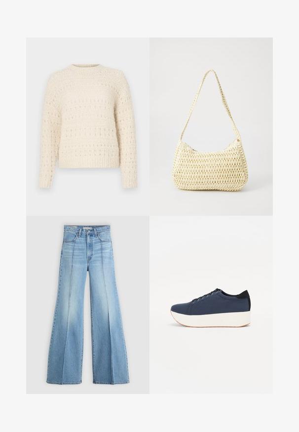 Kermainen neulepaita, jossa on teksturoitu neulos, vaakasuorat raidat ja avoimia pistoja. Pyöreä pääntie ja pitkät hihat. Pehmeä, paksu materiaali.; Vaaleansiniset korkeavyötäröiset farkut, joissa on leveät lahkeet, etu- ja takataskut, vyölenkit sekä pystysaumadetailit edessä.; Sotilaspunainen tennari, jossa on teksturoitu kangasyläosa, valkoinen alustan pohja, pyöreä kärki ja musta kantapääkorostus. Varustettu kuudella nyörille tarkoitetulla reikällä.; Kudottu beige olkalaukku, jossa on kaareva muoto ja pitkä, punottu hihna. Siinä on teksturoitu pinta ja sivussa vetoketjukiinnitys.