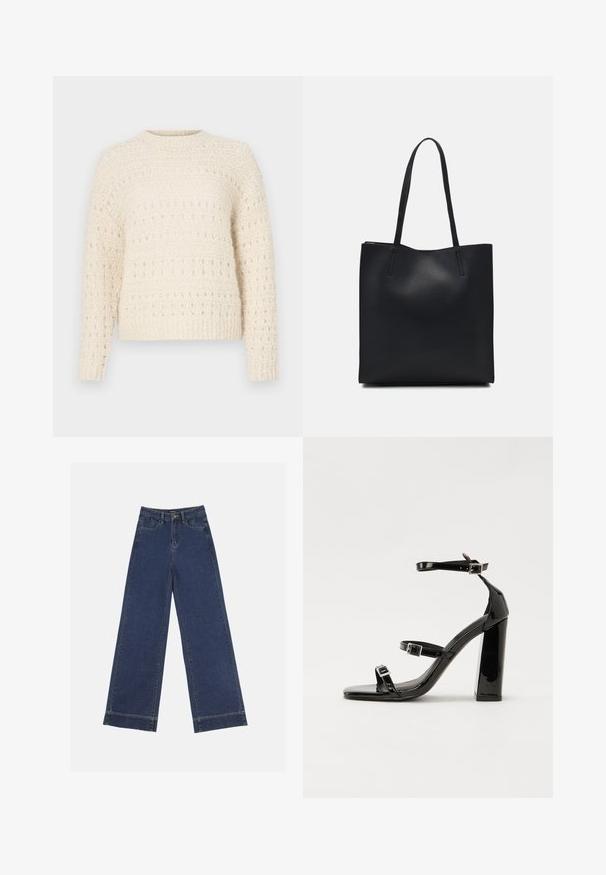 Cream sweater with textured knit, featuring horizontal bands and open stitches. Round neckline and long sleeves. Soft, chunky material.; Wide-leg jeans in dark blue denim. Features five pockets, belt loops, and a raw hem at the bottom with visible stitching details.; Black patent heeled sandals with a square toe, ankle straps, and silver buckles. Features a chunky block heel for stability.; Black leather tote bag with smooth texture, rectangular shape, and two long handles. No visible hardware or embellishments.