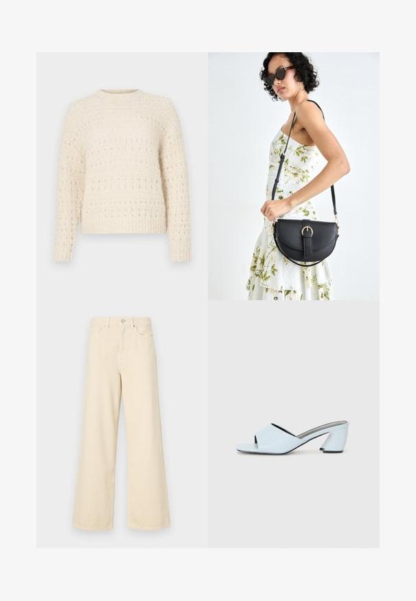 Cream sweater with textured knit, featuring horizontal bands and open stitches. Round neckline and long sleeves. Soft, chunky material.; Beige wide-leg jeans made of cotton. Features a button closure, belt loops, and front pockets with a smooth, soft texture.; Light blue open-toe heeled mules with a geometric design, featuring a wide strap across the foot and a chunky, angular heel.; Black leather handbag with a curved shape, detachable strap, and gold hardware. The bag features a flap with a buckle detail.