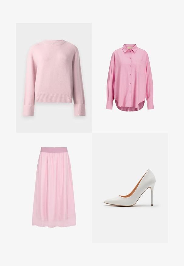 Maglione rosa chiaro a girocollo con maniche lunghe, polsini e orlo a coste, mostrato su uno sfondo bianco semplice.; Camicia button-up rosa chiaro con colletto, maniche lunghe, tasca sul petto e orlo leggermente curvato. Il tessuto sembra morbido.; Gonna di tulle rosa con un design morbido e trasparente. Presenta una vita elastica e una silhouette fluida, creando un effetto a strati.; Pompa alta in pelle verniciata bianca con punta affusolata e sottile tacco a stiletto, caratterizzata da una superficie liscia e un interno beige.