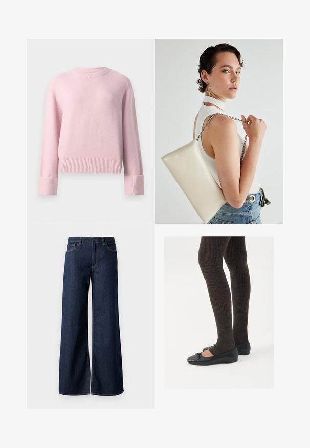 Miękki różowy sweter z okrągłym dekoltem, z długimi rękawami, żebrowanymi mankietami i dolnym obszyciem, zaprezentowany na jednolitym białym tle.; Jeansy z szerokimi nogawkami w ciemnoniebieskim denienie. Posiadają kontrastowe przeszycia, pięć kieszeni oraz zapięcie na guzik w talii. Gładka faktura.; Czarne płaskie buty z małym kokardkowym detalem na palcach, zestawione z ciemnobrązowymi rajstopami w prążki. Buty mają gładką teksturę i niski profil.; Biała prostokątna kopertówka wykonana z błyszczącego materiału, z srebrnym łańcuszkiem. Modelka pozuje, prezentując torebkę na jednolitym tle.