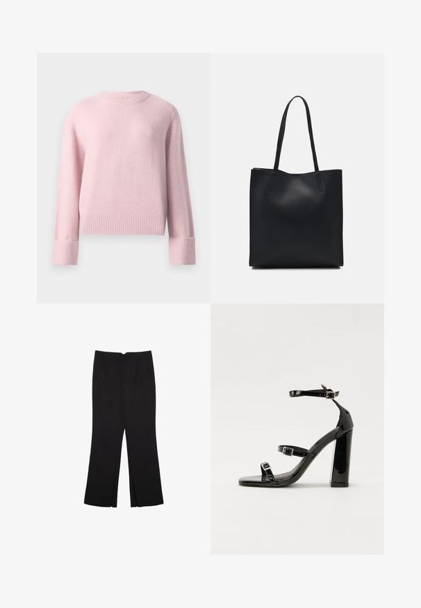 Nježna ružičasta džemperica s okruglim izrezom i dugim rukavima, rebrasti manšeti i donji rub, prikazana na običnoj bijeloj pozadini.; Crne hlače ravnog kroja, s prednjim džepovima i bočnim prorezima na rubu. Izrađene od mekog i glatkog materijala. Pogodne za razne prigode.; Crne lakirane sandale na pete sa kvadratnim nosom, trakama oko gležnja i srebrnim kopčama. Imaju čvrst blok petu za stabilnost.; Crna kožna torba za nošenje s glatkom teksturom, pravokutnim oblikom i dvije duge ručke. Nema vidljivih metalnih dijelova ili ukrasa.