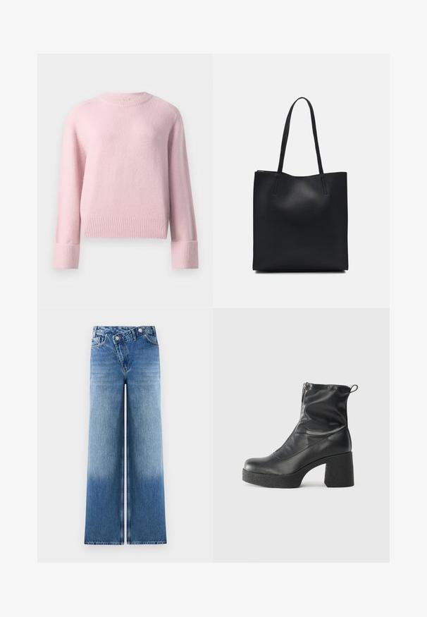 Maglione rosa chiaro a girocollo con maniche lunghe, polsini e orlo a coste, mostrato su uno sfondo bianco semplice.; Jeans azzurri a gamba larga con un lavaggio sbiadito, dotati di un classico design a cinque tasche e dettagli in metallo sui bottoni in vita.; Stivali neri alla caviglia in pelle liscia, con zip laterale, tacco spesso e texture, e punta arrotondata.; Borsa tote in pelle nera con texture liscia, forma rettangolare e due manici lunghi. Nessun hardware o decorazione visibile.