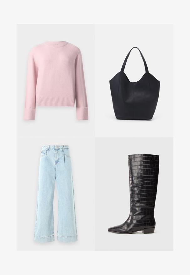 Maglione rosa chiaro a girocollo con maniche lunghe, polsini e orlo a coste, mostrato su uno sfondo bianco semplice.; Jeans a gamba larga di colore blu chiaro in denim, con vita alta, tasche frontali e dettagli cuciti all'orlo.; Stivali neri in pelle al ginocchio con texture in coccodrillo, punta appuntita e tacco a blocco basso. Presentano un'insegna discreta vicino alla caviglia.; Borsa tote nera realizzata in pelle liscia, con una parte superiore curva e aperta, dotata di due manici per spalla e un design minimalista.