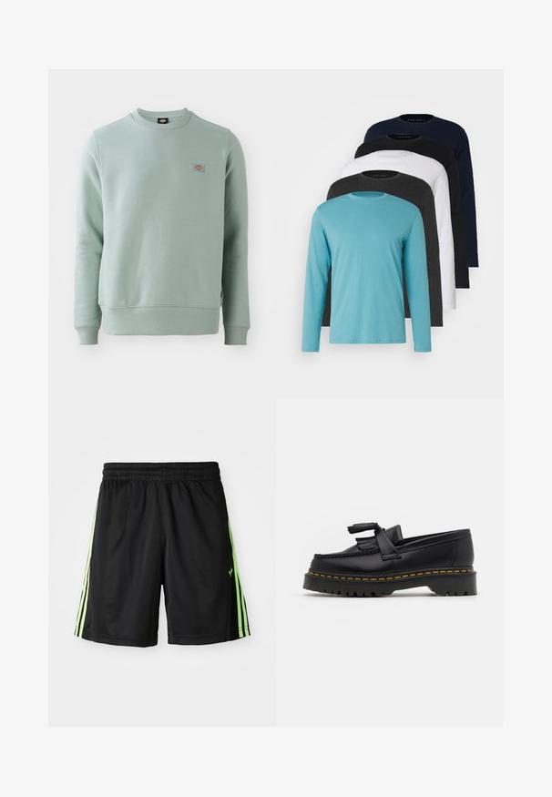 Felpa verde menta realizzata in un tessuto morbido, con collo a giro e polsini a costine, e una piccola etichetta logo sul petto. Texture liscia.; Cinque magliette a maniche lunghe in fila: turchese, nera, bianca, grigio scuro e blu navy. Tessuto morbido con design a girocollo e vestibilità standard.; Pantaloni sportivi neri con elastico in vita, dotati di due strisce verticali verde neon su ciascun lato e un piccolo logo sulla parte anteriore sinistra.; Mocassino in pelle nera con un'accento a frange, dotato di una suola nera spessa e cuciture gialle lungo il bordo. Finitura testurizzata.