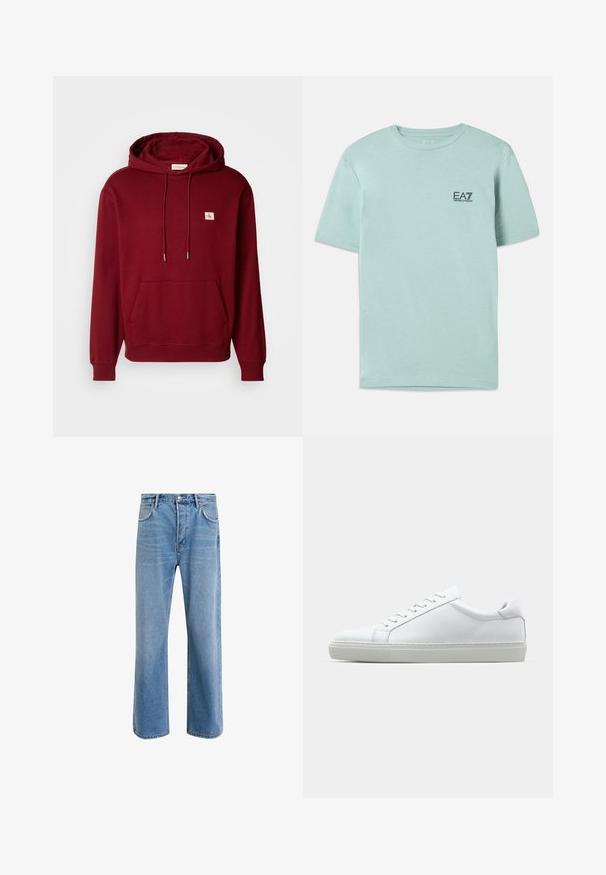 Vínová mikina s kapucí vyrobená z měkké bavlny, s přední kapsou, stahovacími šňůrkami a malou nášivkou loga, s žebrovanými manžetami a lemem.; Světle mentolové tričko vyrobené z bavlny, s krátkými rukávy a kulatým výstřihem, s malým černým logem EA7 na hrudi.; Světle modré džínové kalhoty s rovnými nohavicemi, pěti kapsami, zapínáním na knoflík, minimálním vyblednutím a kontrastním prošitím.; Bílé tenisky s hladkým koženým svrškem a nízkým profilem. Mají zaoblenou špičku, šest nýtů a texturovanou gumovou podrážku.