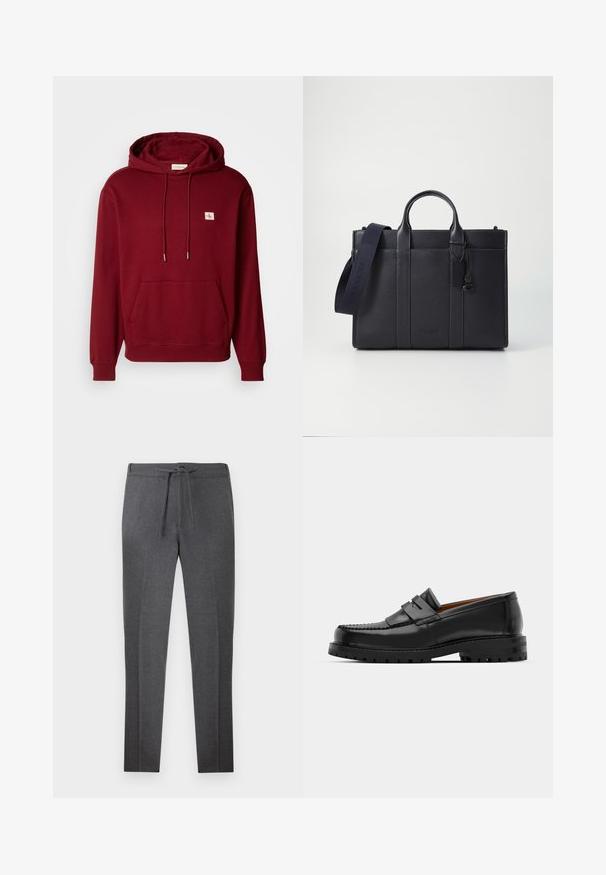 Hanorac cu glugă burgund din bumbac moale, cu un buzunar frontal, șnururi, și o mică etichetă cu logo, cu manșete și tiv cu bumbac rib. ; Pantaloni tapered de culoare gri închis cu talie elastică și șnur de strângere, având cute subtile pe partea din față.; Mocasinii din piele neagră au o cusătură ridicată, două bare decorative pe partea superioară și o talpă groasă texturată pentru o aderență suplimentară.; Servietă din piele de culoare albastru închis, cu două mânere superioare și o curea detasabilă. Prezintă un finisaj texturat, cusături verticale și detalii cu logo.