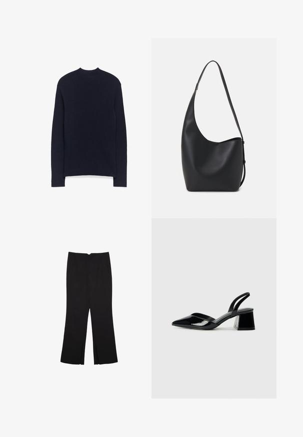 Navyblauer Pullover mit langen Ärmeln aus einem glatten Strickstoff, mit Rundhalsausschnitt und leicht fallenden Schulternähten.; Schwarze Hose mit geradem Schnitt, ausgestattet mit Fronttaschen und Seitenschlitzen am Saum. Hergestellt aus weichem, glattem Stoff. Geeignet für verschiedene Anlässe.; Schwarze Lackleder-Slingback-High Heels mit spitzem Schuh und einem geometrischen Blockabsatz. Verfügt über ein schlankes, minimalistisches Design und eine glatte Textur.; Schwarze Leder-Hobo-Tasche mit einer glatten Textur, geschwungener Form und einem einzelnen verstellbaren Tragegurt; verfügt über eine weite Öffnung am oberen Ende.
