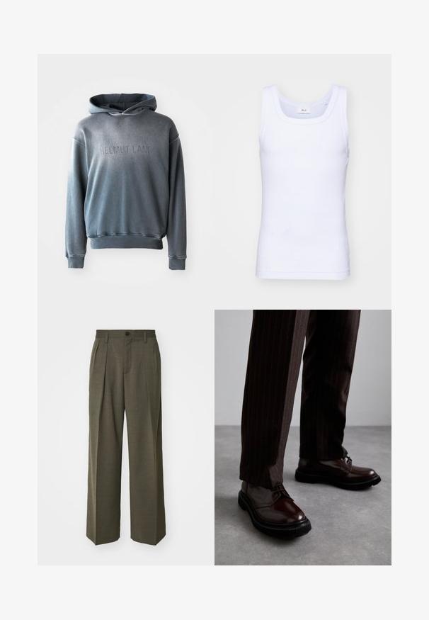 Pelēks kapuči no mīkstas auduma, ar lielo kabatu, ribotām aprocēm un apakšmalu, ar grāmatu "HELMUT LANG" izsistiem uz priekšu.; Balta kokvilnas bez piedurknēm tank top krekliņš ar apaļu kakla izgriezumu, ar gludu tekstūru un pieguļošu formu, paredzēts ikdienas valkāšanai.; Filippa K WIDE TROUSERS - Auduma bikses - driftwood; Brūni ādas šņorējami apavi ar spīdīgu apdari, melna gumijas zole un smalki satīti šuvumi. Valkāti ar svītrainām brūnām biksēm.