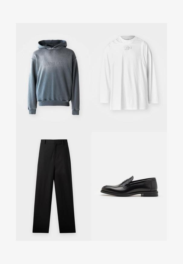 Gray hoodie in a soft fabric, featuring a kangaroo pocket, ribbed cuffs and hem, with "HELMUT LANG" embossed on the front.; Feng Chen Wang DECONSTRUCTION UNISEX - Long sleeved top - white; Black trousers made of cotton with a straight-leg design, featuring a front button closure and side pockets. Smooth texture, no patterns.; Black leather loafers with a smooth texture, rounded toe, and a decorative strap across the vamp. Low stacked heel, minimalist design.