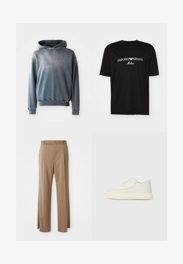 Grau Hoodie aus weichem Material, mit Kängurutasche, gerippten Bündchen und Saum, und mit "HELMUT LANG" geprägt auf der Vorderseite.; Schwarzes Baumwoll-T-Shirt mit Rundhalsausschnitt, kurzen Ärmeln und dem "EMPORIO ARMANI"-Logo in Weiß über dem geschwungenen Schriftzug "Milano".; Hellbraune, maßgeschneiderte Hosen mit geraden Beinen, Gürtelschlaufen, vorderem Naht und verdecktem Verschluss, flach auf weißem Hintergrund dargestellt.; Slip-On-Sneaker aus off-weißem, strukturiertem Material mit dicker, geriffelter Sohle. Verfügt über minimale Nähte und einen dezenten hellblauen Akzent.