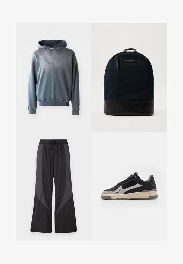 Šedá mikina z měkké tkaniny, s klokaní kapsou, žebrovanými manžetami a lemem, s embosovaným nápisem "HELMUT LANG" na přední straně.; Han Kjøbenhavn PANELLED TRACK TROUSERS - Teplákové kalhoty - anthracite black; Tenisky s černými a šedými panely, texturovanou síťovinou, hladkou kůží a krémovou gumovou podrážkou s minimalistickým designem.; Batoh s tmavě zeleným textilním tělem a černým koženým dnem. Obsahuje horní rukojeť a přední kapsu na zip s štítkem.