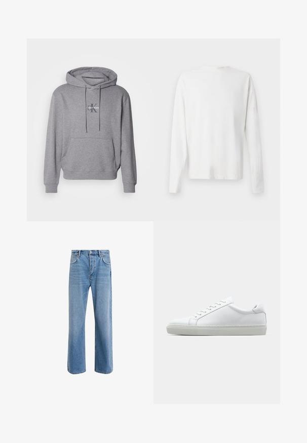 Hanorac gri dintr-un amestec de bumbac, cu un buzunar tip kangaroo, glugă cu șireturi și logo-ul brodat Calvin Klein pe piept.; Cămașă albă din bumbac cu mâneci lungi, decolteu rotund, fante pe laterale la baza, cu o textură netedă, expusă din spate.; Jeans din denim bleu deschis cu un design drept, cinci buzunare, închidere cu buton, decolorare minimă și detalii de cusătură în contrast.; Adidași albi cu o suprafață din piele netedă și un profil jos. Au un vârf rotunjit, șase orificii pentru șireturi și o talpă din cauciuc texturată.