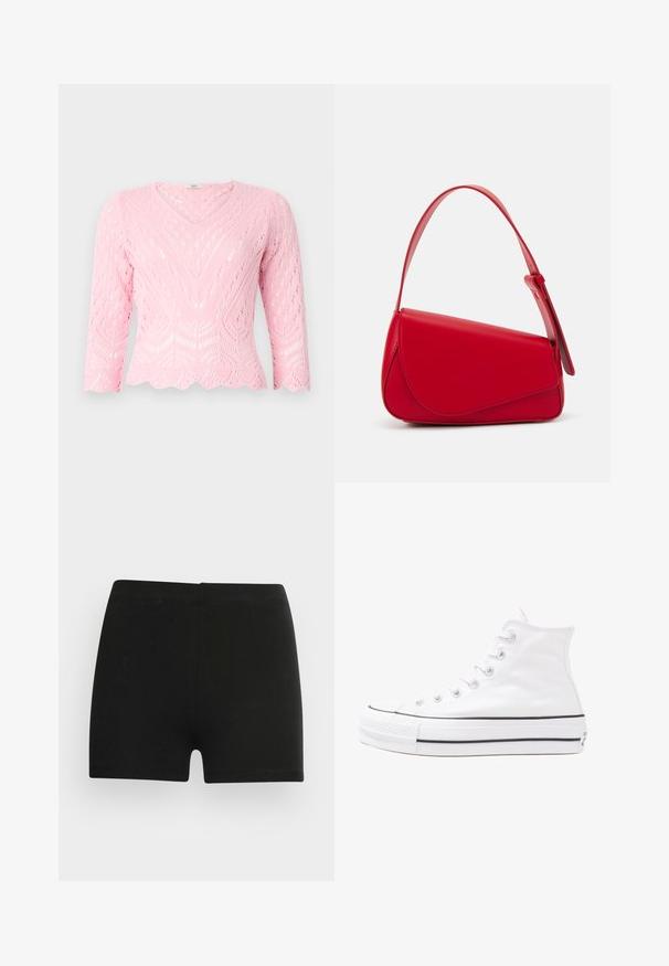 Ροζ πλεκτό πουλόβερ με V-λαιμόκοψη, μισά μανίκια και κοφτό στρίφωμα. Διαθέτει περίπλοκο lace σχέδιο με γεωμετρικά μοτίβα.; Μαύρες βαμβακερές βερμούδες με εφαρμοστή σχεδίαση και ελαστική μέση. Λείο ύφασμα, μήκους μέχρι το μισό μηρό, χωρίς εμφανή σχέδια ή αξεσουάρ.; Λευκό ψηλό καμβαδάκι αθλητικό παπούτσι με μαύρη καουτσούκ σόλα, πρόσθιο καουτσούκ καλύμματος δακτύλου και έξι οπές για κορδόνια, με μια καθαρή και μίνιμαλ σχεδίαση.; Κόκκινη δερμάτινη τσάντα χειρός με γωνιακό, γεωμετρικό σχέδιο. Διαθέτει έναν ρυθμιζόμενο ιμάντα και κλείσιμο με καπάκι που έχει ραφές.