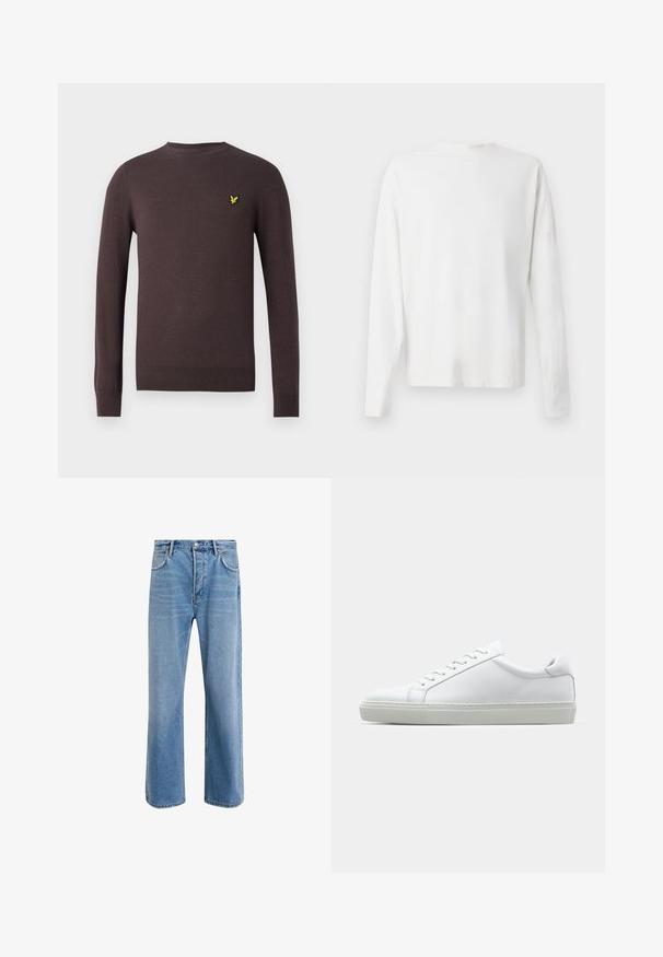 Temnorjava pletena pulover iz mehkega materiala, s krožnim izrezom in dolgimi rokavi, ki ima majhen rumen vezen logo na prsih.; Bela bombažna srajca z dolgimi rokavi in okroglo ovratnikom, z bočnimi razporki na dnu in gladko teksturo, prikazana s hrbtne strani.; Svetlo modre denim kavbojke s ravno nogavico, petimi žepi, z gumbom za zapiranje, minimalnim zbledelostjo in kontrastnimi šivi.; Bela športna obutev z gladkim usnjenim zgornjim delom in nizkim profilom. Ima zaokrožen nos, šest lukenj za vezalke in teksturiran gumijast podplat.