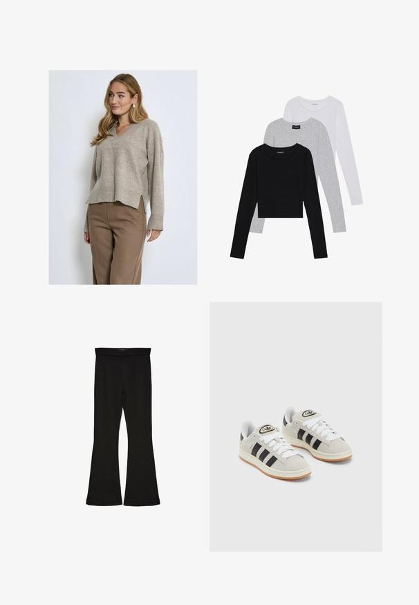 PEPPERCORN CASEY V-NECK - Trui - m winter twig sand melange; Drie langmouwige tops gestapeld: zwart, grijs en wit. Elke top heeft een ronde halslijn en een cropped ontwerp van soepel, lichtgewicht materiaal.; Zwarte flare leggings gemaakt van rekbaar materiaal. Beschikt over een brede tailleband en een zachte textuur, met een getailleerd silhouet dat uitloopt bij de zoom.; Grijze nubucklederen sneakers met witte veters, zwarte strepen en een witte rubberen zool. Bevat een rond logo op de tong en een gumzool.