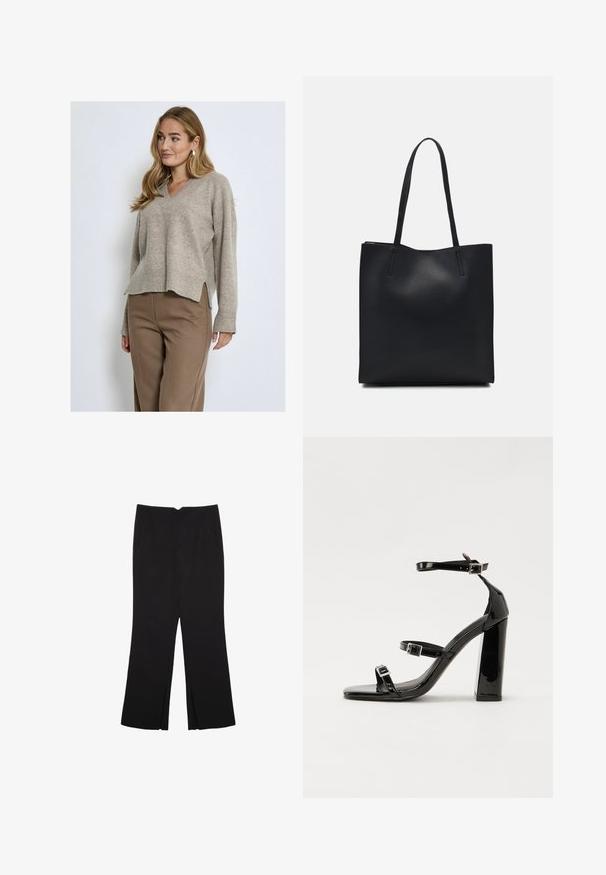 PEPPERCORN CASEY V-NECK - Strickpullover - m winter twig sand melange; Schwarze Hose mit geradem Schnitt, ausgestattet mit Fronttaschen und Seitenschlitzen am Saum. Hergestellt aus weichem, glattem Stoff. Geeignet für verschiedene Anlässe.; Schwarze Lackleder-Sandalen mit hohen Absätzen, zwei Riemen mit Schnallen, quadratischer Zehenpartie und klobigem Blockabsatz, mit einer glatten, glänzenden Textur.; Schwarze Laptoptasche aus Leder mit glatter Textur, rechteckiger Form und zwei langen Griffen. Keine sichtbaren Beschläge oder Verzierungen.