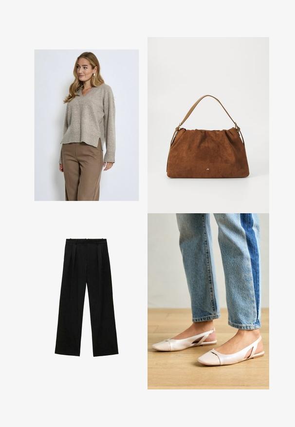 PEPPERCORN CASEY V-NECK - Vesta - m winter twig sand melange; Crne široke hlače s plisama, s glatkom teksturom i visokim strukom. Minimalistički stil, bez vidljivih metalnih dijelova ili ukrasa.; Svijetlo ružičaste slingback balerinke s šiljastim vrhom, izrađene od glatkog materijala nalik koži. Sadrže izrezane detalje sa strane i ravnu petu.; Smeđa nubuk torba s nabranim dizajnom, s jednim tamnim kožnim remenom i suptilnim zlatnim logotipom na prednjoj strani.
