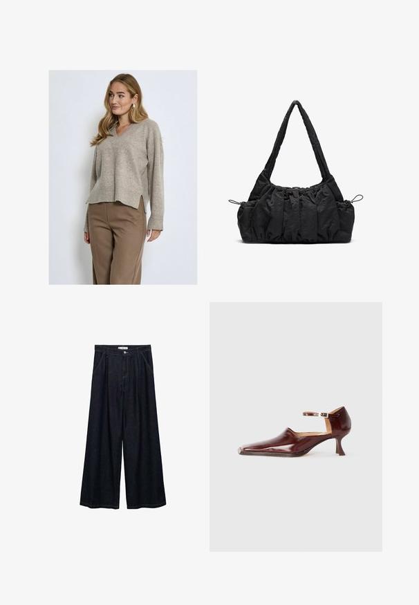 PEPPERCORN CASEY V-NECK - Strickpullover - m winter twig sand melange; Dunkelblaue, weite High-Waist-Hosen aus Denim mit einem Knopfverschluss vorne, zwei Seitentaschen und Nähdetails.; Burgunderfarbenes Lackleder-Schuhwerk mit einer spitzen Zehe, Knöchelriemen und einem 5 cm hohen, konisch zulaufenden Absatz. Glatte Textur und minimalistisches Design.; Schwarze Stoffhandtasche mit geraffter Textur, zwei Schulterträgern und Kordelzugverschluss an den Seiten. Glattes, leichtes Material.