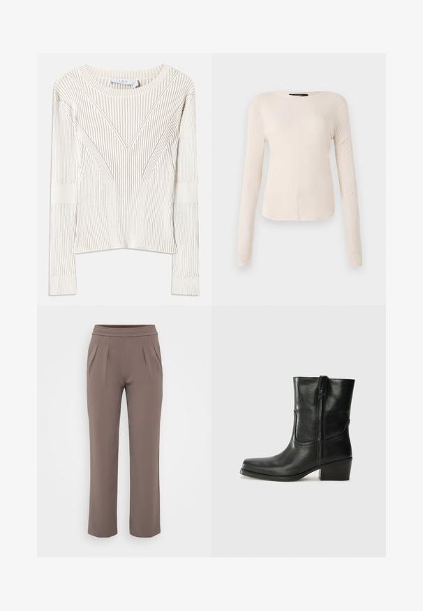 Rebrast pulover v kremni barvi z širokim izrezom, dolgimi rokavi in izrazitimi angularnimi vzorci po sprednji strani in rokavih, ki ima teksturiran zaključek.; Dolga majica v svetlo bež barvi s okroglim izrezom. Narejena iz mehkega materiala, ima osrednji šiv in rahlo ukrivljen rob. Ni vidnih elementov.; Taupe hlače širokega kroja z elastičnim pasom in sprednjimi gubi, narejene iz gladkega materiala.; Črne usnjene gležnjarje z zaobljenim nosom, blok peto, stransko zadrgo in šivanjem na vampu. Gladka tekstura, klasična zasnova.