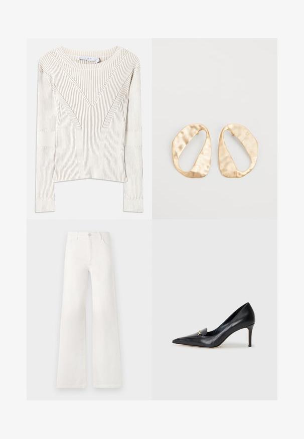 Ribota kreminė megztinė su plačiu kaklu, ilgomis rankovėmis ir išskirtiniais kampuotais raštais priekyje ir ant rankovių, turintis tekstūruotą paviršių.; Balsviesti, aukštu liemeniu plačiakelnės džinsinės kelnės. Jos turi mygtukų užsegimą, dvi priekinės kišenes ir siūlams su siuvinėtojais.; Juodas odinis aukštakulnis batelis su smailiu pirštu, žemu iškirpimu ir dekoratyviu auksiniu akcentu. Yra stiletto kulnas ir glotnus paviršius.; Nedidelis nereguliarus ovalo formos aukso tono metalinių auskarų pora su tekstūruota, šiek tiek kalta paviršiumi ant balto fono.
