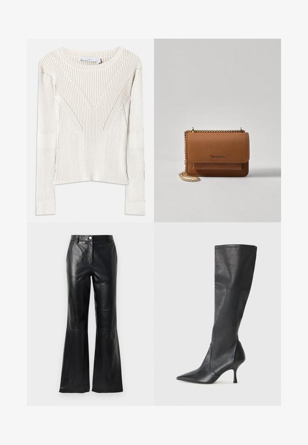 Ribbade krämfärgade tröja med bred halsringning, långa ärmar och distinkta vinklade mönster längs framsidan och ärmarna, med en texturerad yta.; Svarta faux läderbyxor med hög midja, knappstängning, bältesöglor och utställda ben mot en vit bakgrund.; Knähöga svarta läderstövlar med spetsig tå och smal stilettklack. Slät textur med en åtsittande design och sömnad vid övre kanten.; Brun texturerad läder crossbody-väska med guldkedja och klaffstängning. Framsidan har logotypdetalj och en ficka under klaffen.