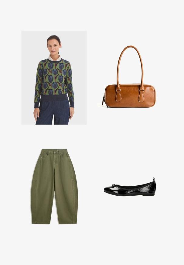 Pletený svetřer se zeleným základem, zdobený květinovým vzorem v modré a maroon barvě. Hladký kulatý výstřih a manžety, doplněný tmavě modrým pasem.; Olivově zelené široké kalhoty z bavlny s vysokým pasem, předními kapsami a hladkou texturou. Bez ozdob nebo vzorů.; Černé lakované baleríny s kulatou špičkou a mašlí. Mají flexibilní podešev a elastický lem pro pohodlí.; Hnědá kožená kabelka s dvěma dlouhými uchy, obdélníkového tvaru, hladkého povrchu, zipovým uzávěrem a akcenty z stříbrného tónu.