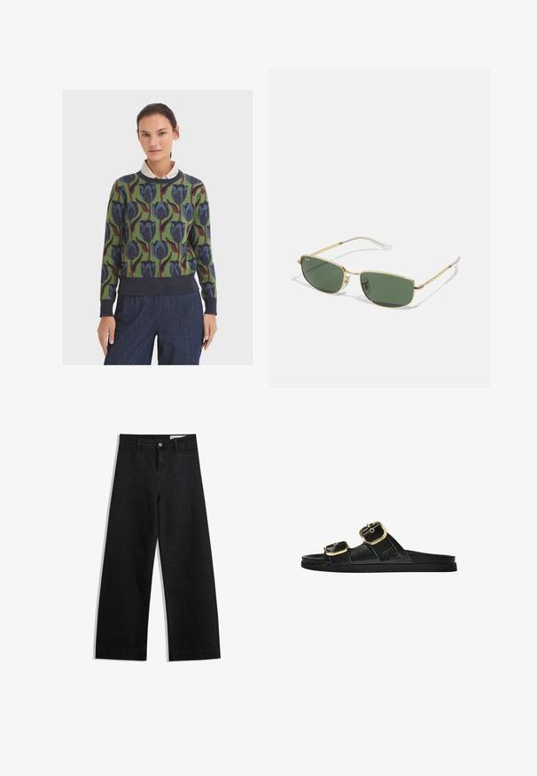 Stickad tröja med grön bas, prydd med ett blommönster i blått och vinrött. Ribbad rund hals och muddar, tillsammans med midjeband i marinblått.; Svarta vida denimbyxor med hög midja, med fram- och bakfickor, sydda sömmar och knappstängning. Slät textur.; Svart glidsandal med två guldfärgad spännen, slät textur av material, platt sula och en minimalistisk design.; Guldmetallbågar solglasögon med gröna linser, vinkelformad design och klara tempeltips. Påfallande varumärkeslogotyp på vänster lins.