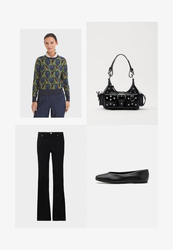 Pleteni pulover s zelenom podlogom, s cvjetnim uzorkom u plavoj i maroon boji. Rebrasti okrugli izrez i manšete, uparen s tamnoplavim pojasom.; Crne široke traperice izrađene od denima, s dva prednja džepa, kopčanjem na dugme i glatkom teksturom. Potpisna šavova vidljiva na šavovima.; Paul Smith TOPANGA - Balerinke - black; Crna kožna torba s zakrivljenim dizajnom, koja sadrži srebrne zakovice, kopču i dva bočna džepa. Podesiva traka za različite opcije nošenja.