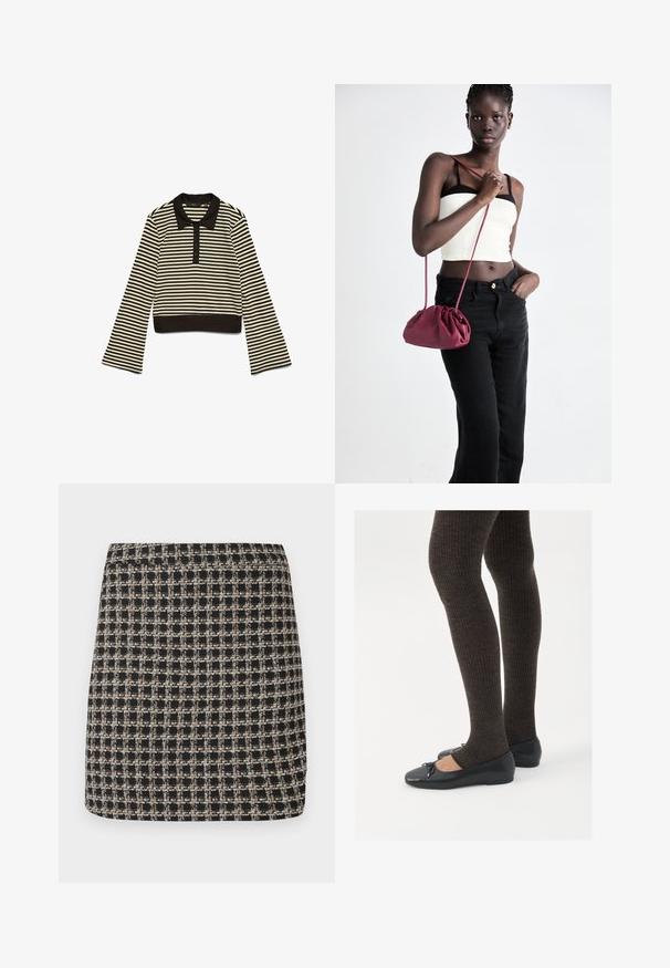 Crna i bež horizontalno prugasta majica dugih rukava s ovratnikom i dugmadi u crnoj boji, položena ravno na bijeloj pozadini.; Crna i bež karirana mini suknja s teksturiranim tkivo i glatkim pojasom, koja ima strukturirani kroj i jednostavan dizajn.; Crne ravne cipele s malim mašnom na vrhu prstiju, uparene s tamnosmešnim rebrovanim čarapama. Cipele imaju glatku teksturu i nizak profil.; Bordo mekani torbeni sakupljenog dizajna s dugom trakicom, nošenom preko tijela. Model nosi bijelu kratku majicu i crne traperice.