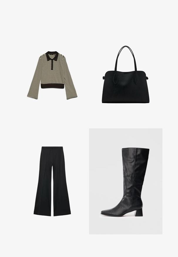 Črna in bež horizontalno prugasta dolg rokav polo majica z črnim ovratnikom in gumbnim zapiranjem, ležijo na belem ozadju.; Črne široke hlače z gladko teksturo, ki imajo sprednje nabore in kroj po meri. Tkanina je lahka in zračna.; Črne usnjene škornje do meč s koničastim nosom in pravokotnim peto na enostavni svetli podlagi.; Črna usnjena torbica z dvema naramnima trakoma, pravokotne oblike in minimalističnim dizajnom na beli podlagi.
