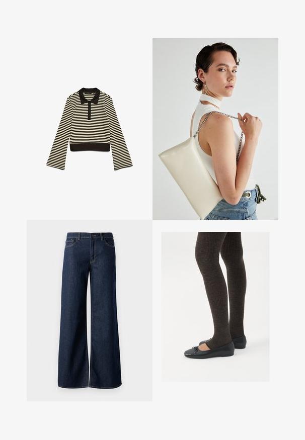 Crna i bež horizontalno prugasta majica dugih rukava s ovratnikom i dugmadi u crnoj boji, položena ravno na bijeloj pozadini.; Široke traperice u tamnoplavoj denim boji. Sadrže kontrastno šivanje, pet džepova i kopčanje na dugme u struku. Glatka tekstura.; Crne ravne cipele s malim mašnom na vrhu prstiju, uparene s tamnosmešnim rebrovanim čarapama. Cipele imaju glatku teksturu i nizak profil.; Bijela pravokutna torbica s kopčanjem, izrađena od sjajnog materijala, s srebrnim lančićem. Model pozira, prikazujući torbicu na jednostavnoj pozadini.