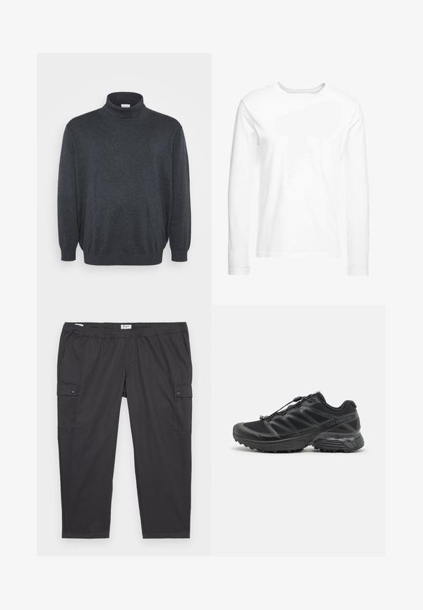 Jack & Jones JJEBASIC ciemnoszary melanż; Biała koszulka z długim rękawem, wykonana z miękkiej bawełny. Okrągły dekolt, proste brzegi, bez widocznych wzorów czy grafik.; Czarne spodnie cargo z elastycznym pasem, bocznymi kieszeniami i zapięciami na napy. Wykonane z lekkiego, gładkiego materiału.; Czarny but biegowy z siateczkowym i syntetycznym wierzchem, elastyczną podeszwą oraz elastycznymi sznurówkami. Oferuje amortyzującą podeszwę środkową dla komfortu.