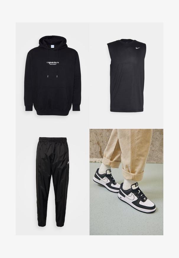 Črna kapuca majica iz mehkega materiala, z sprednjim žepom in drzno belim logotipom na prsih. Redna prileganje z vrvicami.; Črna brezrokavna športna majica iz gladkega materiala, s krožnim izrezom in majhnim belim Nike logotipom v obliki kljukice na zgornji levi strani.; Črne trenirke iz lahkotnega, sijočnega materiala z elastičnim pasom, zoženim krojem in žepi z zadrgo. Vsebujejo akcent logotipa.; Črno-bele superge Nike Air Force 1 z usnjenim zgornjim delom, perforiranim prstom in teksturiranim podplatom, oblečene z zvitimi bež hlačami in belimi nogavicami.