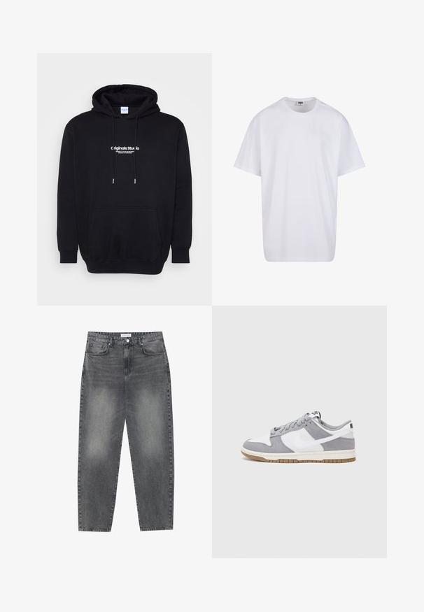 Hanorac negru cu glugă dintr-un material moale, având un buzunar frontal și un text mare alb cu logo-ul pe piept. Croială regulară cu cordon de strângere.; Tricou alb din bumbac cu mâneci scurte, decolteu rotund, croială lejeră și fără logo-uri sau modele vizibile. Textură netedă și design minimalist.; Jeans cu talie înaltă, lejere, din denim negru estompat. Caracteristici: cinci buzunare, bucle pentru curea și un design curat cu picior drept.; Sneaker gri și alb, cu un superior din suede și piele, vârf rotund, șireturi plate și o talpă din cauciuc ce prezintă un accent de culoare gum.