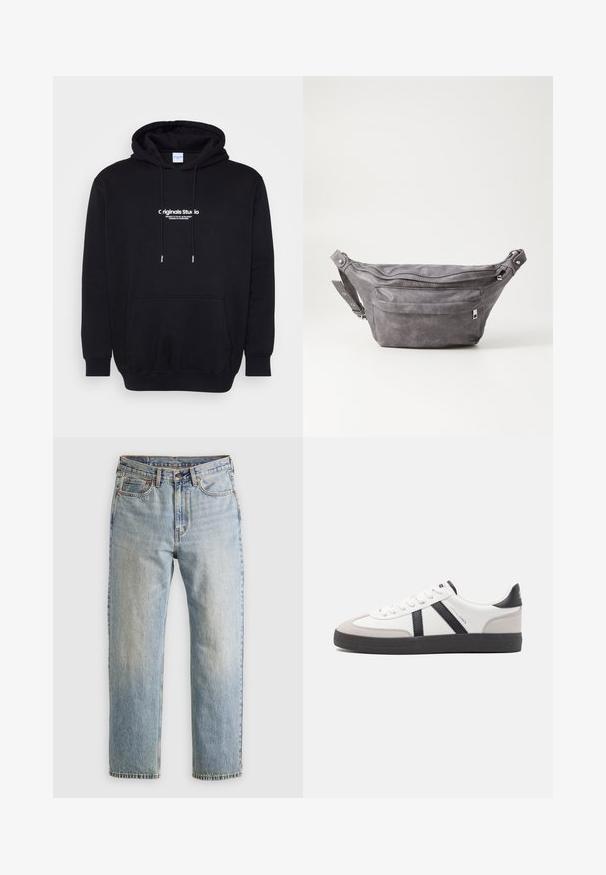 Black hooded sweatshirt made of soft fabric, featuring a front pocket and bold white logo text at the chest. Regular fit with drawstrings.; Light blue denim jeans with high waist, front button, zipper, and five-pocket design, laid flat on a neutral background.; White sneaker with black and gray accents, featuring a textured gray toe cap, black rubber sole, and flat white laces. Clean design, minimalist style.; Gray suede fanny pack with a rounded shape, two zippered compartments, and adjustable strap. Features metal hardware accents.