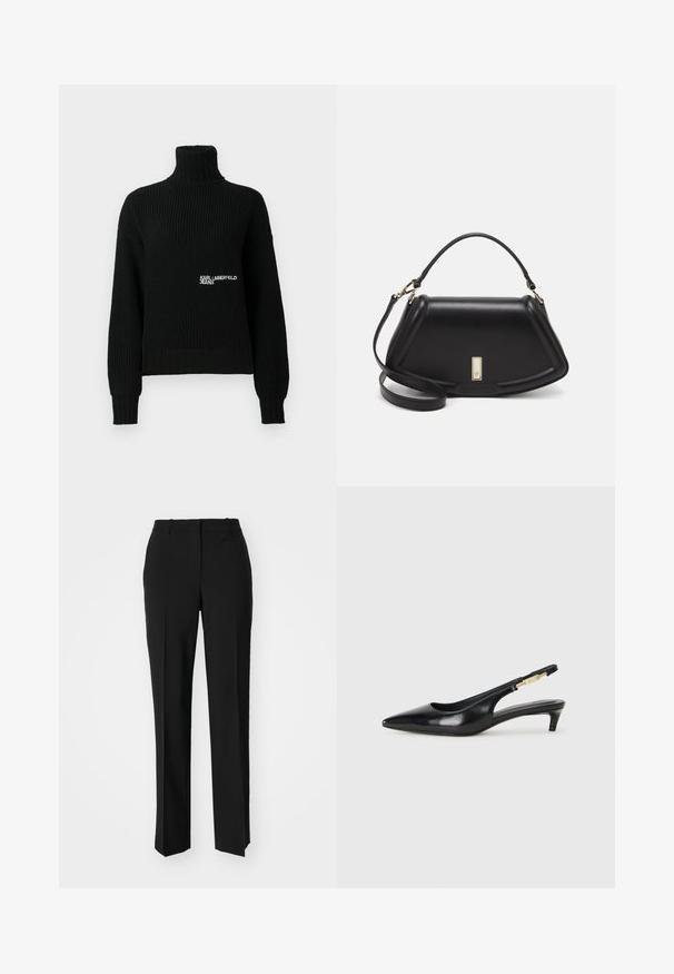 Melnā ribota adīta augsta kakla džemperis ar garām piedurknēm un baltu "Karl Lagerfeld Jeans" logotipu uz krūtīm.; Melnas pielāgotas bikses ar taisnu kāju dizainu, kas raksturojas ar gludu faktūru un asiem krokām pa priekšu. Nav redzamu metāla detaļu.; Melnas ādas slingback zābaki ar smailu purngalu, ar šauru papēdi un zelta krāsas akcentu uz regulējama siksniņas. Gluda tekstūra.; Melnas ādas roku soma ar struktūru, ar īsu formu, augšējo rokturi un zelta aksesuāriem. Iekļauta regulējama plecu siksna.