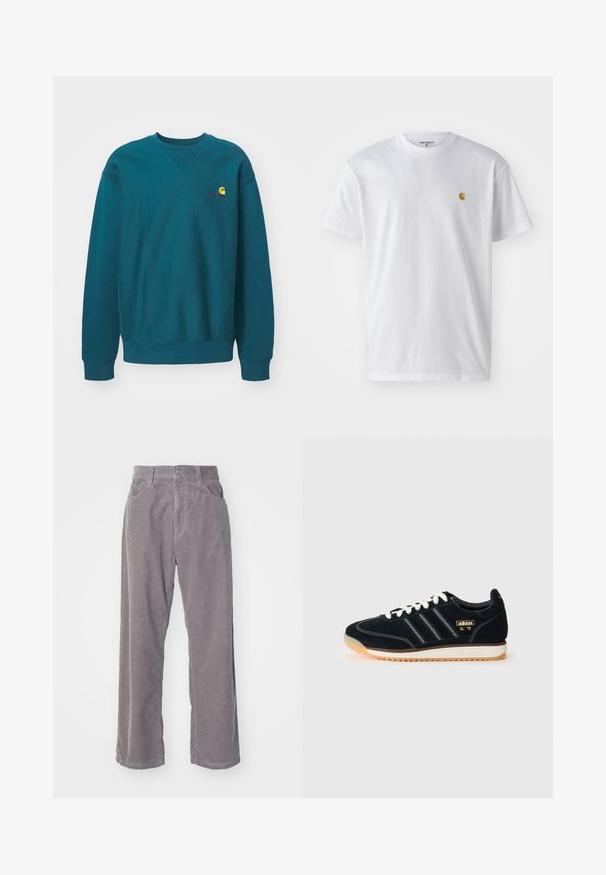 Τιρκουάζ φούτερ με στρογγυλή λαιμόκοψη φτιαγμένο από ύφασμα βαμβακερού μείγματος. Διαθέτει ριμπ ωμούς και στρίφωμα, με ένα μικρό κεντητό λογότυπο στο στήθος.; Λευκό βαμβακερό T-shirt με κοντά μανίκια, κλασική λαιμόκοψη, που διαθέτει ένα μικρό χρυσό λογότυπο στην αριστερή περιοχή του στήθους. Μαλακή υφή και κανονική εφαρμογή.; Γκρίζες καρανάκες παντελόνες με φαρδιά γραμμή, που διαθέτουν κάθετες ραβδώσεις, κλείσιμο με κουμπί και δύο μπροστινές τσέπες.; Μαύρο σουέτ αθλητικό παπούτσι με λευκές κορδόνες, τρεις άσπρες ρίγες στο πλάι, υφασματικές λεπτομέρειες και καουτσούκ σόλα με ελαφριά πορτοκαλί απόχρωση.