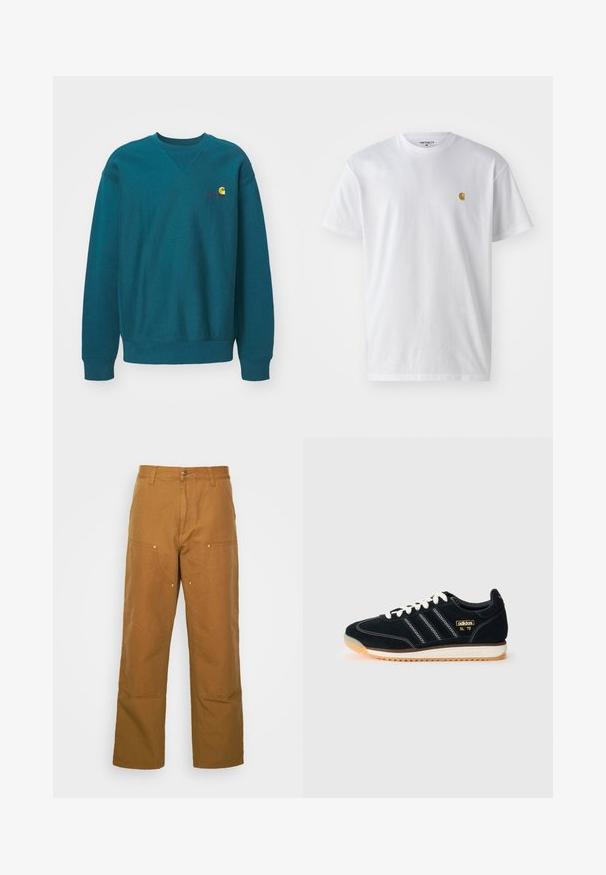 Teal crewneck sweatshirt gemaakt van een katoenmix. Heeft ribgebreide boorden en zoom, met een klein geborduurd logo op de borst.; Witte katoenen t-shirt met korte mouwen en ronde hals, voorzien van een klein gouden logo op de linkerkant van de borst. Zachte textuur en een normale pasvorm.; Bruine katoenen utility broeken met een rechte pijpdesign, voorzien van voorzakken en metalen hardware accenten voor extra duurzaamheid.; Zwarte suède sneakers met witte veters, drie witte strepen aan de zijkant, getextureerde accenten en een rubberen zool met een lichte oranje tint.