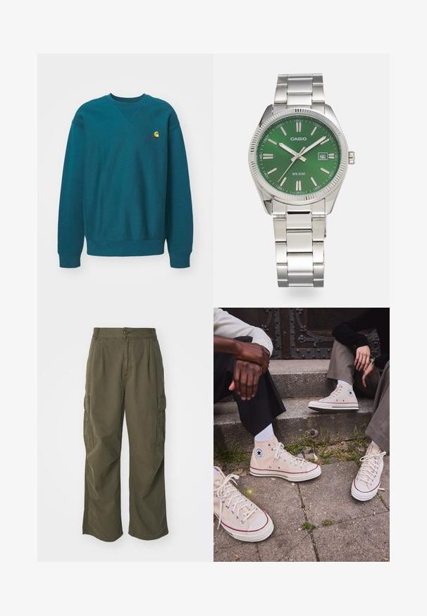 Tricou cu guler rotund de culoare teal, fabricat dintr-un amestec de bumbac. Dispune de manșete și tiv cu margine ondulată, având un mic logo brodat pe piept.; Pantaloni cargo de culoare verde oliv, din bumbac, cu un design cu picioare largi, plii și buzunare laterale pentru utilitate.; Adidași înalți bej din pânză, cu dungi roșii, talpă din cauciuc alb și gromete metalice, având logo-ul iconic cu stea pe lateral.; Ceas din oțel inoxidabil argintiu cu un cadran verde rotund, marcaje de oră argintii, afişaj pentru dată și o brățară din linkuri metalice. Rezistent la apă până la 50 de metri.