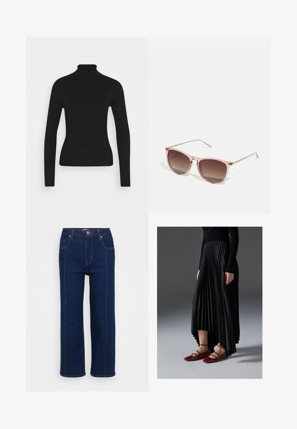 Suéter preto de gola alta com mangas longas, feito de um tecido de malha suave. Apresenta um design ajustado e uma gola canelada.; Jeans de perna reta azul escuro com fecho de botão, bolsos frontais e traseiros e costura laranja visível ao longo das costuras.; Saia preta plissada com bainha assimétrica, combinada com sapatilhas vermelhas brilhantes com um design de tiras. O tecido tem uma textura suave.; Óculos de sol com gradiente castanho, com uma armação translúcida rosa, formato quadrado e hastes finas de metal. Apresenta bordas arredondadas e detalhes mínimos.