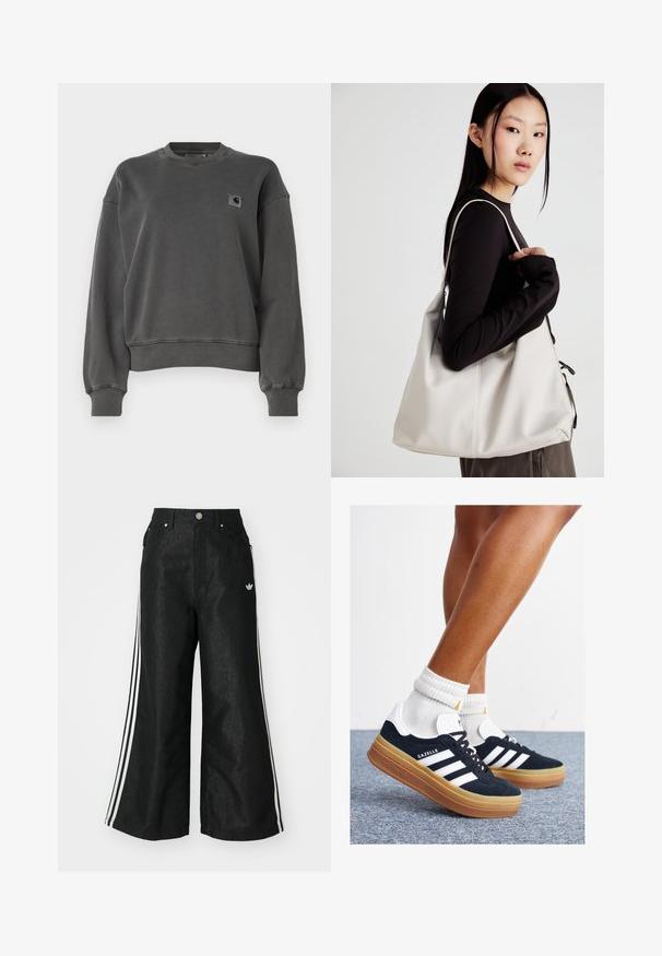 Carhartt WIP NELSON - Sweatshirt - graphite; Black wide-leg denim pants with three white stripe accents on each side and a small white logo. Features front pockets and a button closure.; Black suede sneakers with white stripes and accents, rounded toe, gum rubber outsole, paired with white ribbed crew socks.; Beige handbag made of soft material, featuring a slouchy design, stitched detailing, and two shoulder straps. Suitable for everyday use.