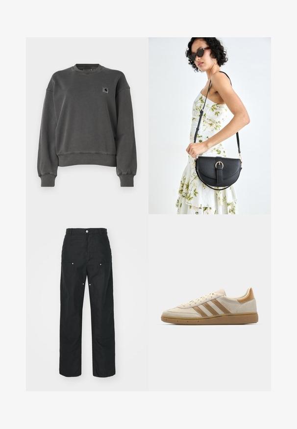 Carhartt WIP NELSON - Sweatshirt - graphite; Black trousers with a straight-leg design, made of a textured fabric. Features decorative silver hardware and unique seam detailing.; Beige suede sneaker with light brown accents. Features three brown stripes, textured rubber sole, and a rounded toe design.; Black leather handbag with a curved shape, detachable strap, and gold hardware. The bag features a flap with a buckle detail.